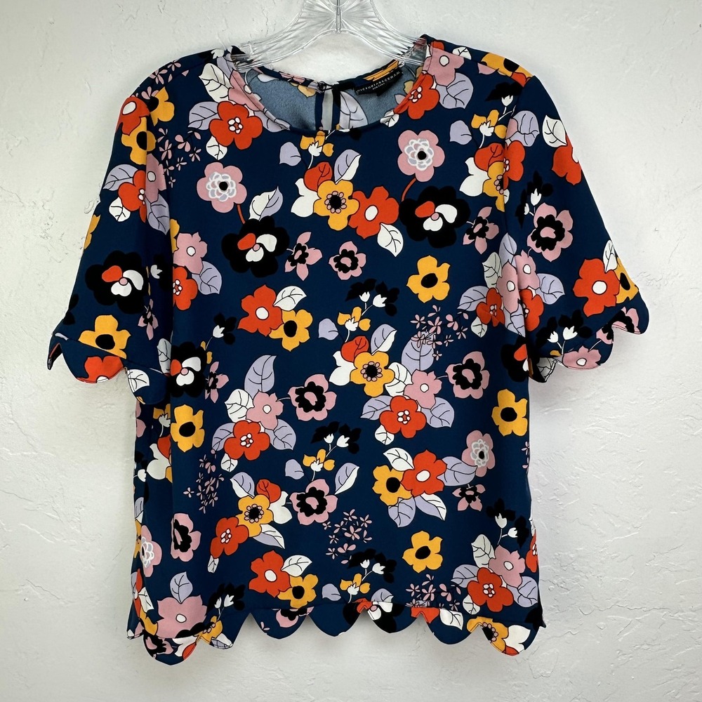Victoria Beckham for Target Blouse Womens Medium Navy Floral Scalloped Hem Top